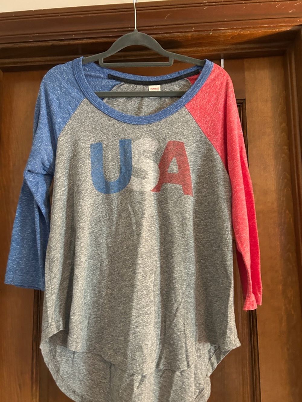 HOMAGE Heather Gray Raglan Tee with Blue Trim